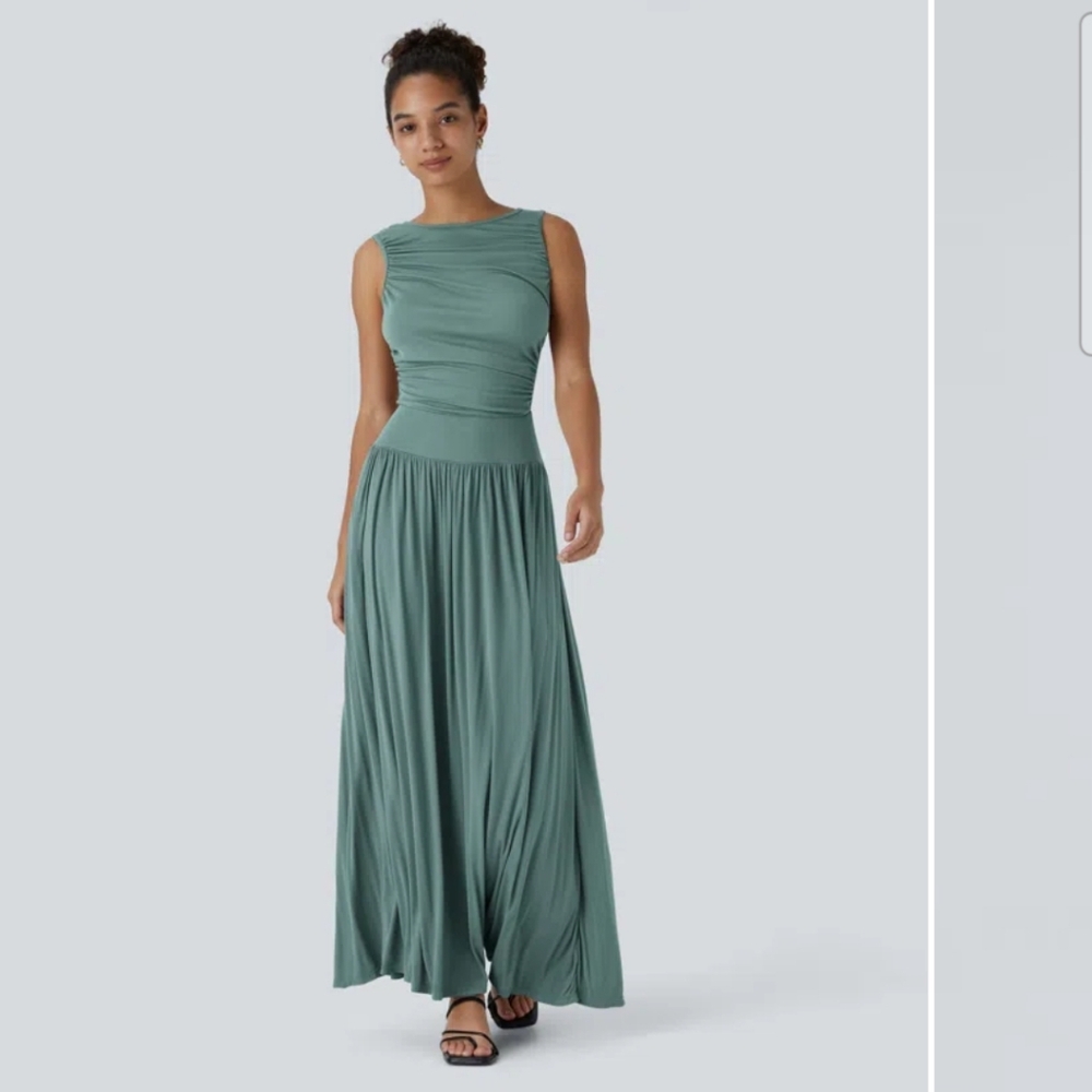 Halara Ribbed Boat Neck Asymmetric Strap Ruched Side Pocket Flowy Maxi Dress